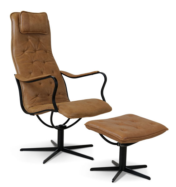 Bild på JACK METALL Fåtölj utan gunga inkl pall läder Vintage Cognac, svart fot PAKETPRIS
