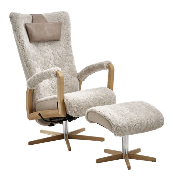 Bild på RELAX Snurrfåtölj inkl pall fårskinn Moonlight/Facet 16 beige/Vintage taupe/oljad ek