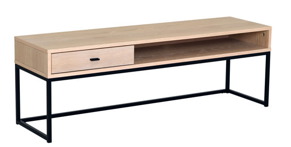 Bild på REGGIANO TV-bänk 120cm, vitpigmenterad ek, svarta metallben, låda och hylla, lackad ekfaner, wl100, max 40 kg