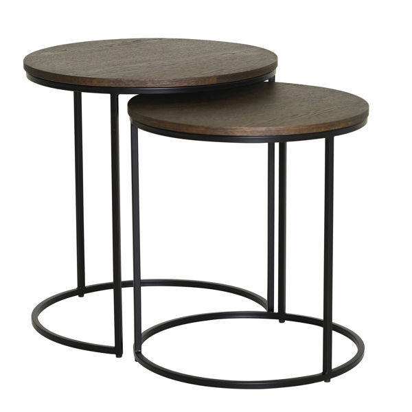 Bild på DUDOS 2-dels satsbord RUND Ø49/45 brunbetsad lackad ekfanér/metallben Ø49/H52cm + Ø45/H48cm