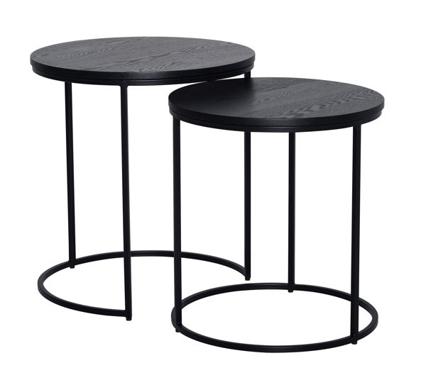 Bild på DUDOS 2-dels satsbord RUND Ø49/45 svartbetsad lackad askfanér/metallben Ø49/H52cm + Ø45/H48cm