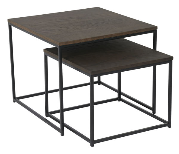 Bild på DUDOS 2-dels satsbord KVADRAT brunbetsad lackad ekfanér/metallben 55x55x45cm + 45x45xh35 cm